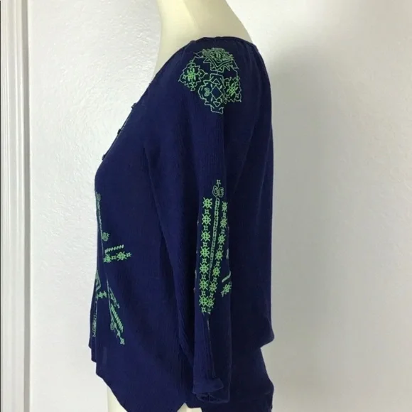 Altar’d State Top Boho Tie Up Blue Embroidery Green Size S - Picture 2 of 7